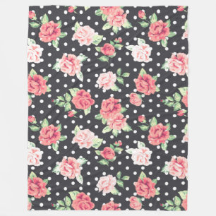 Floral Pattern White Polka Dot on Black Background Fleece Deken