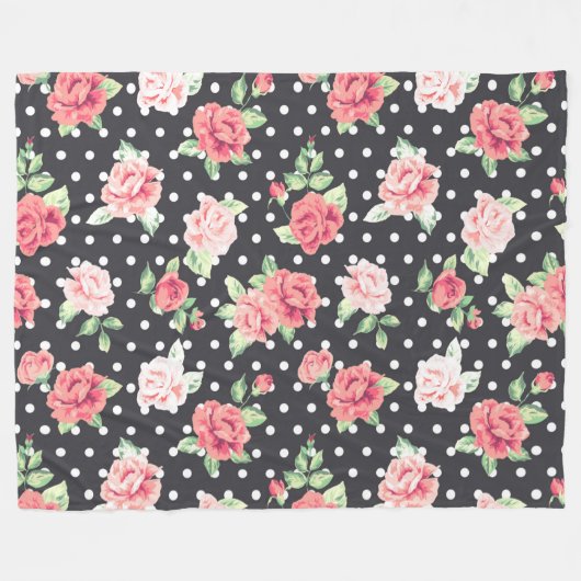 Floral Pattern White Polka Dot on Black Background Fleece Deken (Voorkant (Horizontaal))