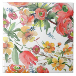 Floral Pattern Wildflowers Yellow Pink Green White Tegeltje