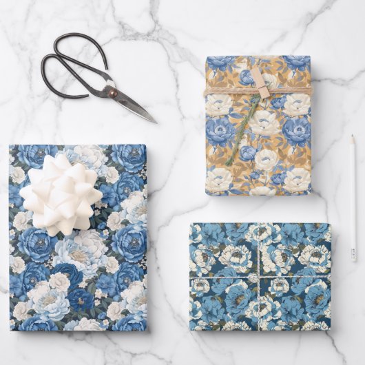 Floral Pattern with Blue Peonies and White Flowers Inpakpapier Vel (Voorkant)