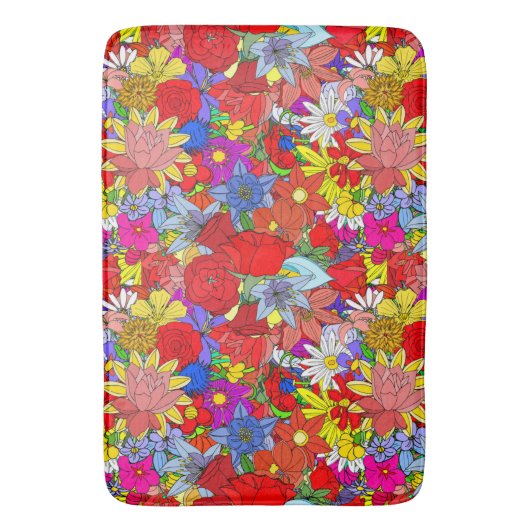 Floral Pattern Yellow Blue Paars Green Red Badmat (Voorkant Verticaal)
