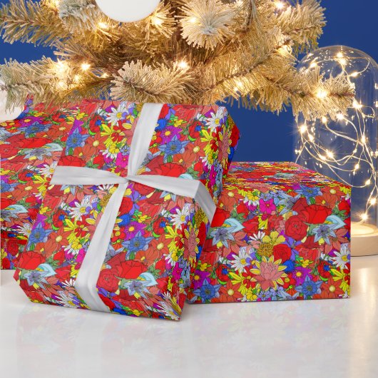 Floral Pattern Yellow Blue Paars Green Red Cadeaupapier (Feestdagen)