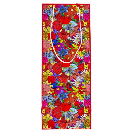 Floral Pattern Yellow Blue Paars Green Red Wijn Cadeautas (Achterkant)