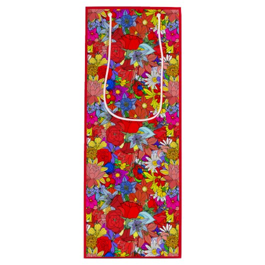 Floral Pattern Yellow Blue Paars Green Red Wijn Cadeautas (Voorkant)