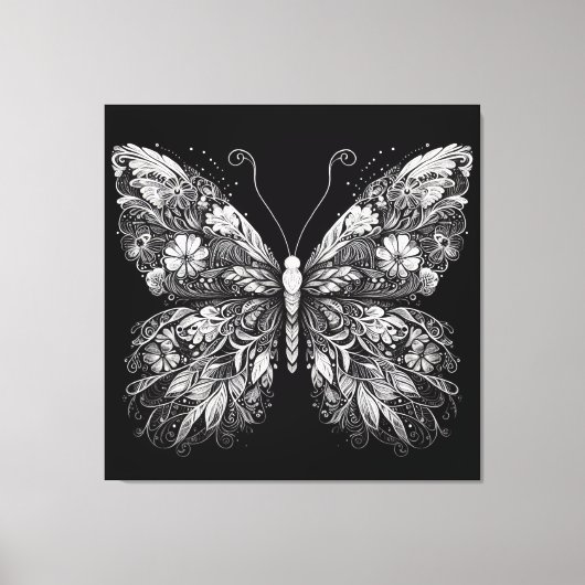 Floral Patterned Butterfly in White Ink Design Canvas Afdruk (Voorkant)