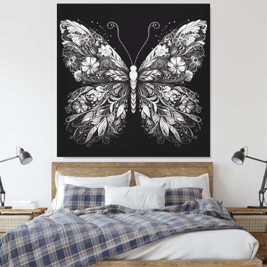 Floral Patterned Butterfly in White Ink Design Canvas Afdruk (Insitu (Slaapkamer))