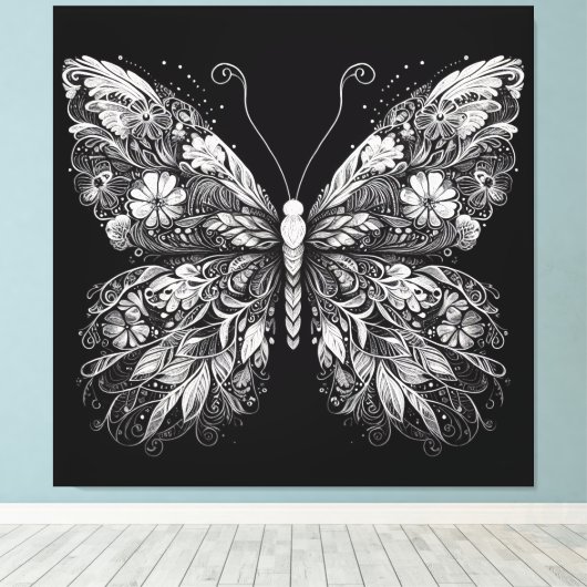 Floral Patterned Butterfly in White Ink Design Canvas Afdruk (Insitu (Houten vloer))