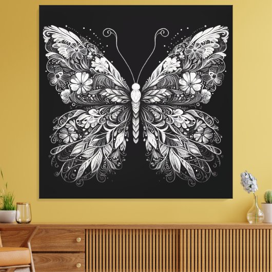Floral Patterned Butterfly in White Ink Design Canvas Afdruk (Insitu (Woonkamer))