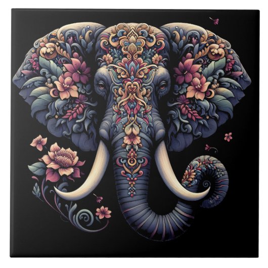 Floral-patterned levendige olifant tegeltje (Voorkant)