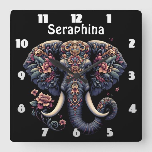 Floral-patterned levendige olifant vierkante klok (Voorkant)