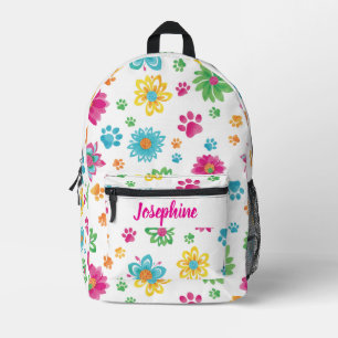 Floral Paw Print Rugzak met aangepaste naam