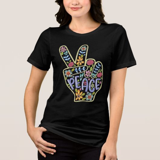 Floral Peace Hand Sign T-shirt – kleurrijke hippie (Voorkant)