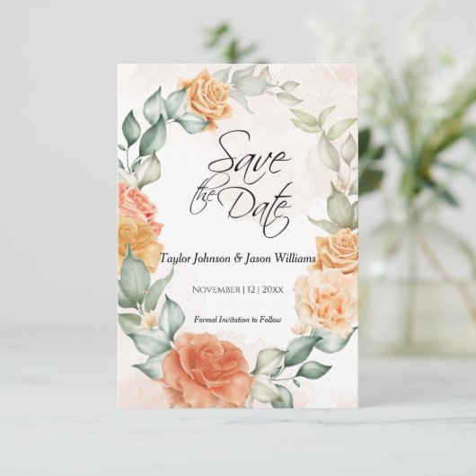 Floral Peach 3.5" x 5" Flat Save The Date Kaart (Staand voorkant)