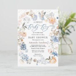 Floral Peach Blush Blue Baby shower Kaart