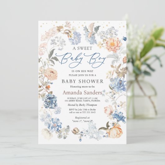 Floral Peach Blush Blue Baby shower Kaart (Staand voorkant)