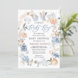 Floral Peach Blush Blue Baby shower Kaart