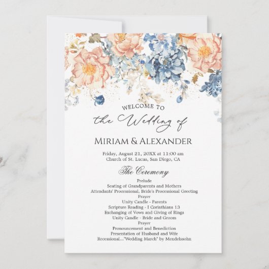 Floral Peach Blush Blue bruiloft programma (Voorkant)