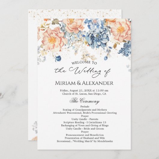 Floral Peach Blush Blue bruiloft programma (Voorkant / Achterkant)