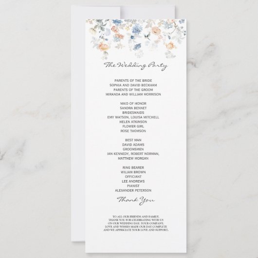 Floral Peach Blush Blue bruiloft programma (Achterkant)