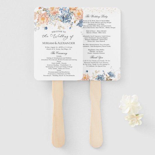 Floral Peach Blush Blue bruiloft programma Handwaaier (Voorkant en achterkant)