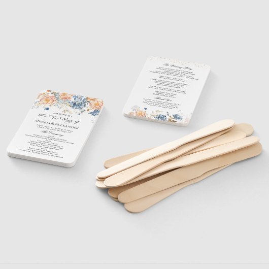 Floral Peach Blush Blue bruiloft programma Handwaaier (Niet-gemonteerd)