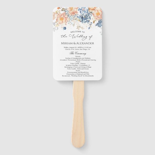 Floral Peach Blush Blue bruiloft programma Handwaaier (Voorkant)