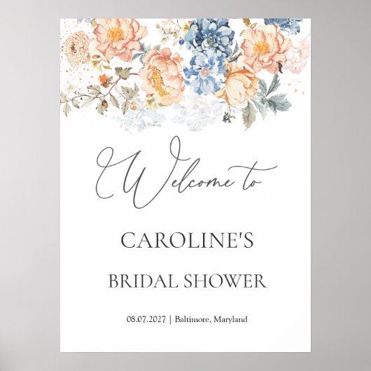 Floral Peach Blush Blue Vrijgezellenfeest teken Poster (Voorkant)