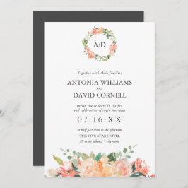 Floral Peach Botanical Monogram Weddenschap I Kaart