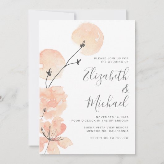 Floral Peach Coral Waterverf Wedding Kaart (Voorkant)