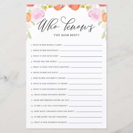 Floral Peach die mama het beste Baby shower spel k (Voorkant)
