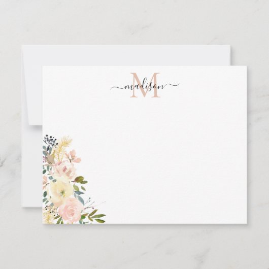 Floral Peach Dusty Pink Gold Spring Roos Monogram Notitiekaartje (Voorkant)