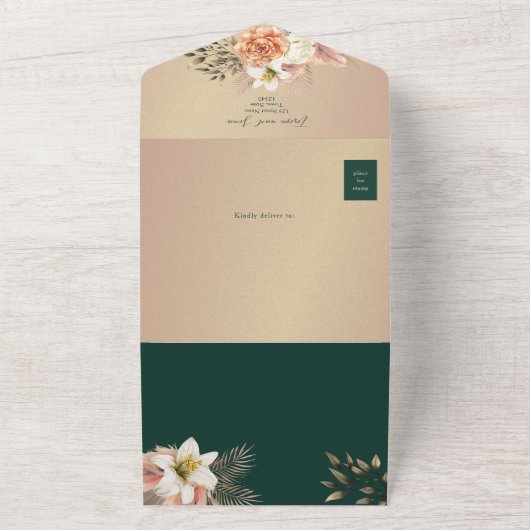 Floral Peach Emerald Green Wedding All In One Uitnodiging (Buitenkant)