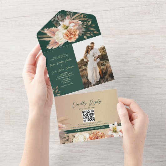 Floral Peach Emerald Green Wedding All In One Uitnodiging (Afscheurbaar)
