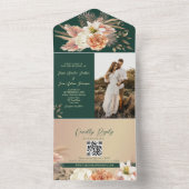 Floral Peach Emerald Green Wedding All In One Uitnodiging (Binnen)