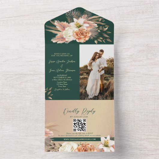 Floral Peach Emerald Green Wedding All In One Uitnodiging (Binnen)