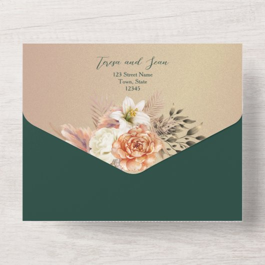 Floral Peach Emerald Green Wedding All In One Uitnodiging (Achterkant)