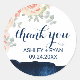 Floral Peach en Navy Waterverf Dank u wel Ronde Sticker
