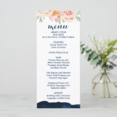 Floral Peach en Navy Waterverf Dinner Menu Kaart (Staand voorkant)