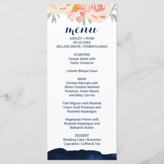 Floral Peach en Navy Waterverf Dinner Menu Kaart (Voorkant)