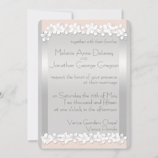 Floral Peach en Silver Wedding Invitations Kaart (Voorkant)