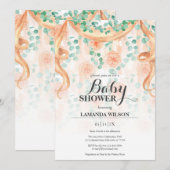 Floral Peach & Green Banner Baby shower Uitnodigin Kaart (Voorkant / Achterkant)