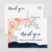 Floral Peach Pink and Navy Waterverf Dank u wel Briefkaart (Voorkant / Achterkant)