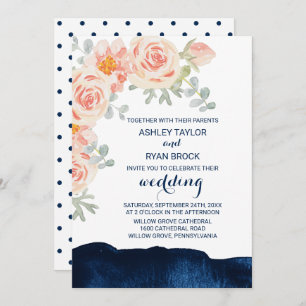 Floral Peach Pink and Navy Waterverf Wedding Kaart