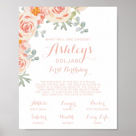 Floral Peach Pink Doljabi First Birthday Sign Poster (Voorkant)