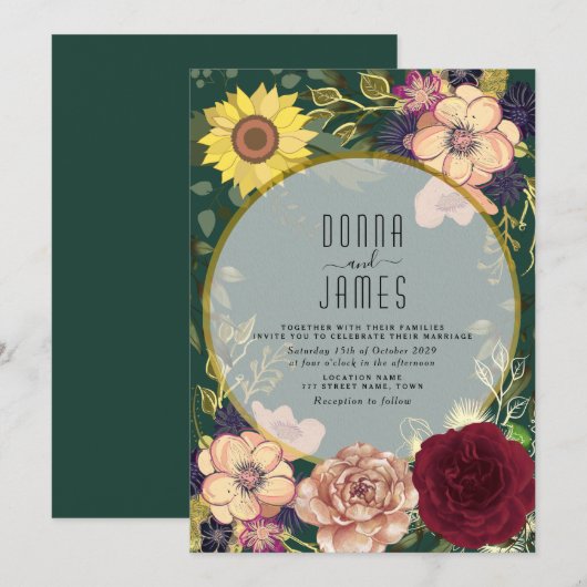 Floral Peach Pink Emerald Green Wedding Kaart (Voorkant / Achterkant)