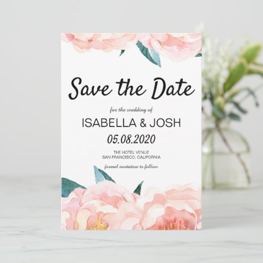 Floral Peach Pink Peony Bewaar de datum Save The Date (Staand voorkant)