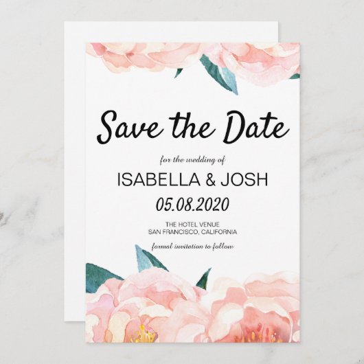 Floral Peach Pink Peony Bewaar de datum Save The Date (Voorkant / Achterkant)