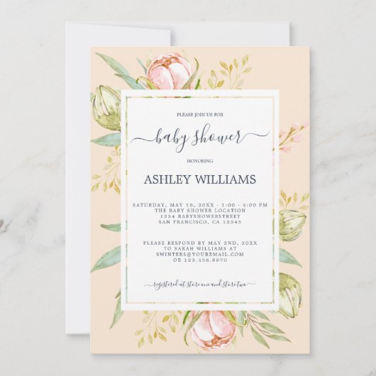 Floral Peach Pink Peony Rustic Boho Baby shower Kaart (Voorkant)
