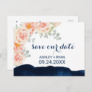 Floral Peach roze & Navy Waterverf Save the Date Aankondigingskaart