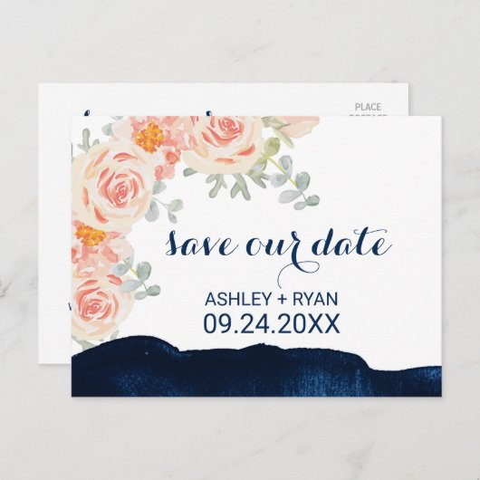 Floral Peach roze & Navy Waterverf Save the Date Aankondigingskaart (Voorkant / Achterkant)
